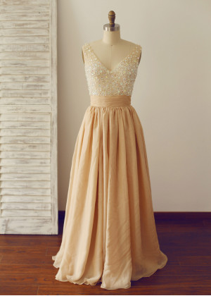 Champagne Chiffon Deep V Neckline Beading Prom Dress